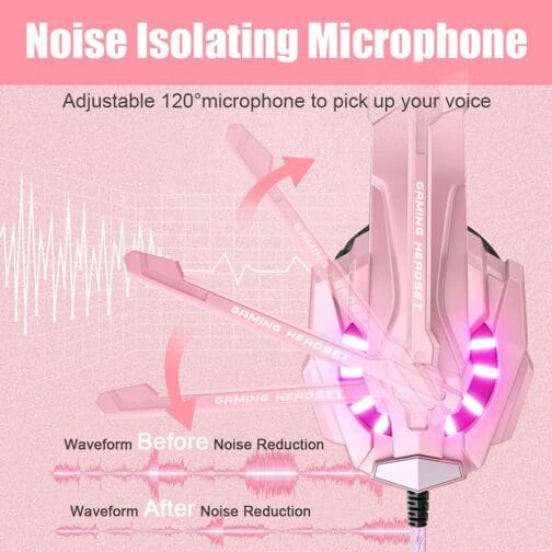BENGOO G9000 Professional Gaming Headset for PS4, PC, Xbox One Controller, Noise Cancelling Over Ear Headphones with Mic, LED Light, Bass Surround, Soft Memory Earmuffs for Laptop Nintendo – Pink