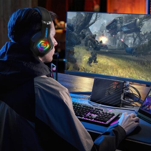 Gaming Headset for PC, Ps4, Ps5, Xbox Headset with 7.1 Surround Sound, Gaming Headphones with Noise Cancelling Mic RGB Light Over Ear Headphones for Xbox Series X/S, Switch-Blue