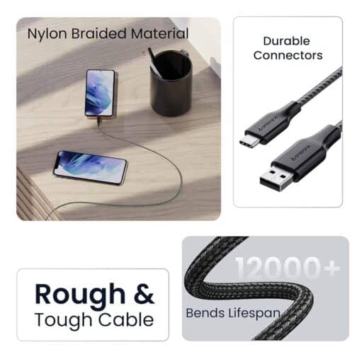 Unbreakable 3A Fast Charging Braided Type C Cable  1.5 Meter (RCT15 (A), Black) Supports QC 2.0/3.0 Charging