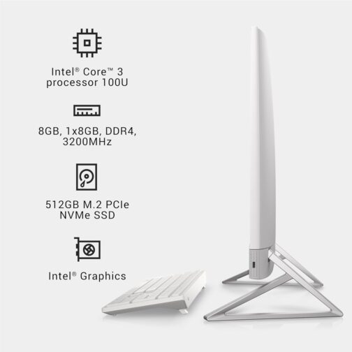 Dell Inspiron 5430 All in One Desktop – 23.8-inch FHD (1920 x 1080) Display, Intel Core 3-100U, 8GB DDR4 RAM, 512GB SSD, Intel Graphics, Windows 11 Home, Onsite Service – White