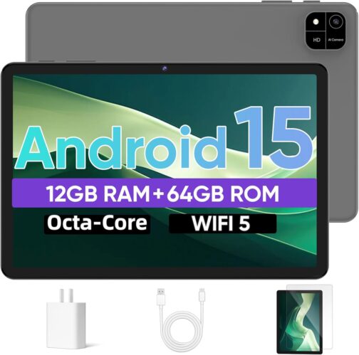 Tablet 10.1 inch, Android 15 Tablet with Octa-Core Processor 12GB RAM 64GB ROM, LCD Touchscreen, 6000mAh, WiFi 5, BT 5.0, Dual Camera, Widevine L1 Google Tablets 2025 (Gray)