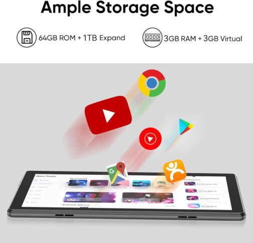 Tablet 10 inch Android 14 Tablets, 6GB RAM 64GB ROM 1TB Expand, Quad-Core Processor, 1280×800 LCD Touch Screen, WiFi 5, Dual Camera, BT5.0, 6000mAh Battery (Black)