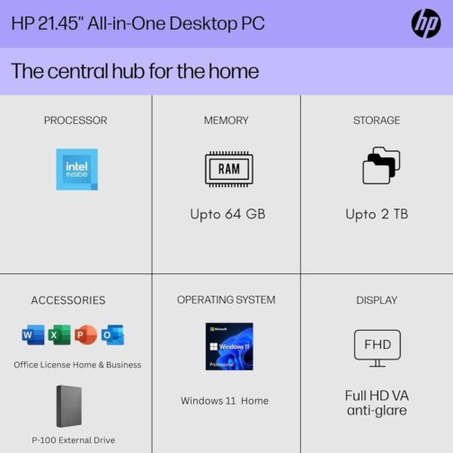 HP 22″ All-in-One Desktop PC  The New Version and Look  12 Month Microsoft Office  40GB RAM  1TB Storage (512GB SSD and 512GB External)  FHD Display  Intel Celeron Processor  Windows 11 Home