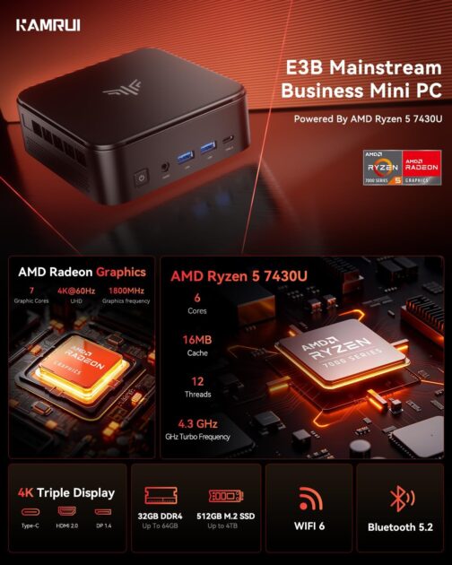 KAMRUI Mini PC, E3B 32GB RAM 512GB SSD Mini Gaming Computers AMD Ryzen 5 7430U Micro Desktop Computer (Max 4.3GHz,6C/12T, Beat 5650U), Small PC Support WiFi 6, BT5.2, Triple Display for Office Home