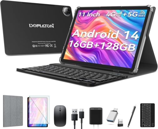 11 inch Tablet, 2025 Latest Android 14 Tablet with 16GB RAM 128GB ROM 1TB Expandable Octa-Core, 5G WiFi & Dual 4G Cellular, 2 in 1 Tablets with Keyboard Incell Large Screen,7000mAh Battery,Dual Camera