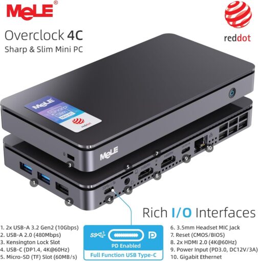 MeLE Mini PC Overclock4C N100 with Windows 11 ProReddot Winner 16GB RAM, 512GB Storage, Mini Desktop Computer, Dual HDMI and 1x Full Function USB-C on Office Education Home