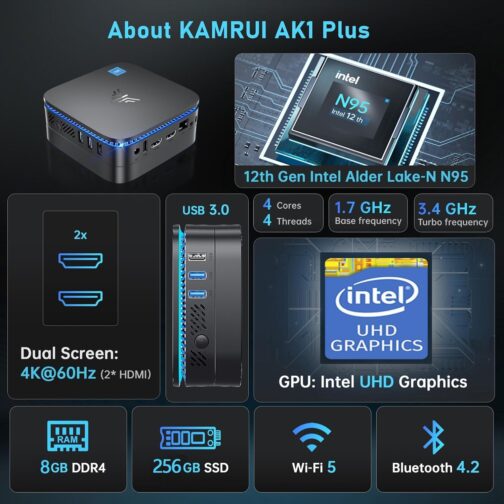 KAMRUI AK1PLUS N95 Mini PC (up to 3.4GHz), Mini Computer 8GB DDR4 RAM 256GB M.2 SSD, Desktop Computer Support 2.5″ SSD, Dual 4K, WiFi, Ethernet for Business, Office, Home