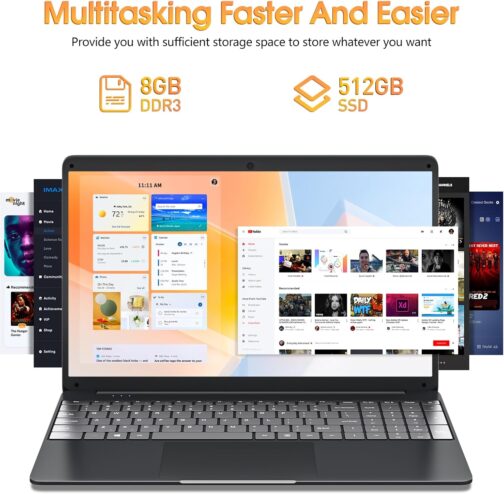 15.6 Inch Laptops, 8GB DDR3 512GB SSD Windows 11 Laptop Computer with I3 Processor, HD Display, 52Wh Battery, Wi-Fi 5, BT4.2, HDMI, USB3.2, Type-C, for Business and Students