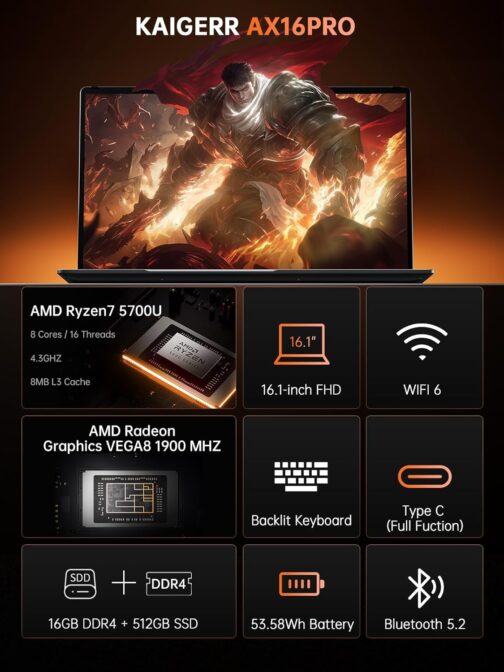 ACEMAGIC 2025 Laptop, Laptop Computer with AMD Ryzen 7 5700U (8C/16T, Up to 4.3GHz), 16GB RAM 512GB NVMe SSD Windows 11 Laptop, Radeon RX Vega 8 Graphics, 16.0-inch Display, WiFi 6,Backlit KB
