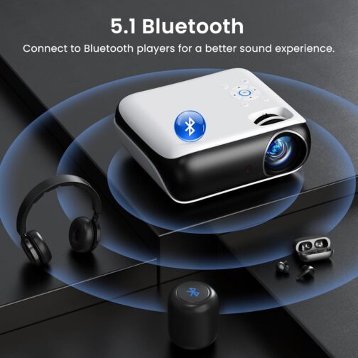 HAPPRUN Native 1080P Bluetooth Projector, Full HD Portable Outdoor Movie Projector with Built-in Speaker, Compatible with Smartphone, HDMI, USB, AV, Fire Stick, PS5 for Home, Bedroom, Outdoor Use