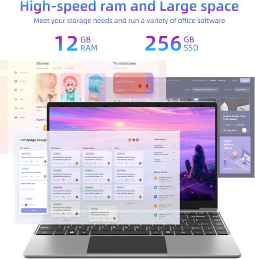 jumper Laptop 14 Inch, 12GB RAM 256GB SSD, Laptop Computer with Celeron N4100 CPU, FHD 1920×1080 Display, 35.52WH Battery, 2.4G+5G WiFi, BT4.0, 2 Speakers, Portable Student Laptops.