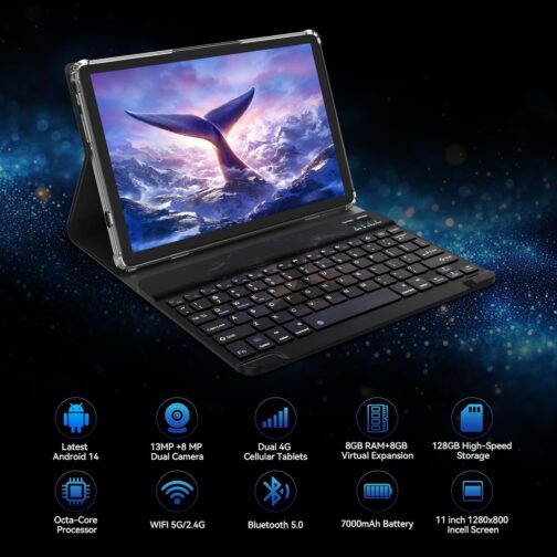 11 inch Tablet, 2025 Latest Android 14 Tablet with 16GB RAM 128GB ROM 1TB Expandable Octa-Core, 5G WiFi & Dual 4G Cellular, 2 in 1 Tablets with Keyboard Incell Large Screen,7000mAh Battery,Dual Camera