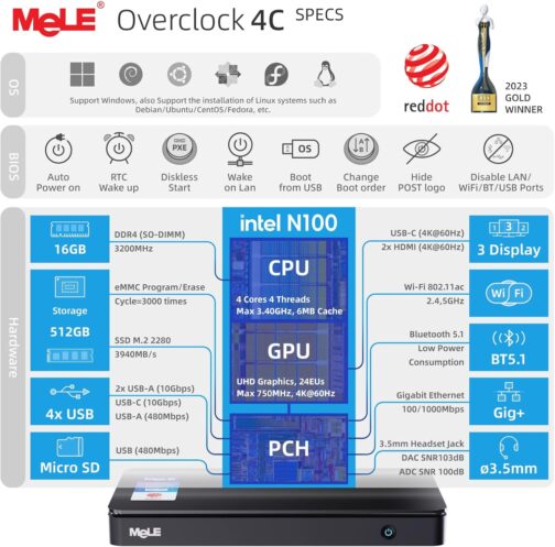 MeLE Mini PC Overclock4C N100 with Windows 11 ProReddot Winner 16GB RAM, 512GB Storage, Mini Desktop Computer, Dual HDMI and 1x Full Function USB-C on Office Education Home