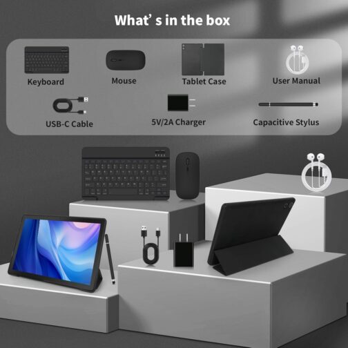 Android Tablet, 10.1 Inch Android 14 Tablet with 1280×800 IPS HD Touch Screen, Dual Camera, 64GB Storage 1TB Expansion, 8 in 1 Tablets Kit with Keyboard, Protective Case, Mouse, Stylus, BT 5.0, WiFi 6
