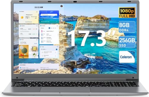 Naclud Windows 11 Laptops, 17.3 Inch Laptop Computer with Celeron Processor, 8GB DDR4 256GB SSD, Expandable 1TB, Type-C, 60800mWh Battery, Wi-Fi 5, BT4.2, Mini HDMI, Business and Students
