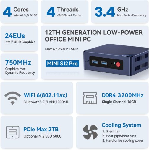 Beelink S12 Pro Mini PC, Intel 12th Gen Alder Lake- N100(up to 3.4GHz), 16GB DDR4 RAM 500GB M.2 SSD, Desktop Computer Support 4K Dual Display/USB3.2/WiFi 6/BT5.2/Gigabit Ethernet for Home/Office