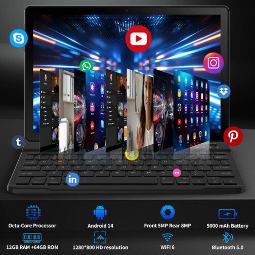 Android Tablet, 10.1 Inch Android 14 Tablet with 1280×800 IPS HD Touch Screen, Dual Camera, 64GB Storage 1TB Expansion, 8 in 1 Tablets Kit with Keyboard, Protective Case, Mouse, Stylus, BT 5.0, WiFi 6