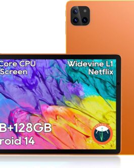Android Tablets, 11 inch Octa-Core Processor Tablet with 2 Years Protection, 128GB Storage,12GB RAM, 6ft Charging Cable, 8000mAh Battery, Reinforced Type-C Port, Quad-Speaker, Orange