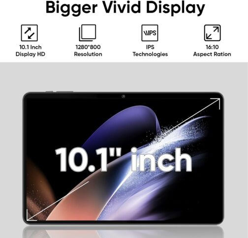 Tablet 10 inch Android 14 Tablets, 6GB RAM 64GB ROM 1TB Expand, Quad-Core Processor, 1280×800 LCD Touch Screen, WiFi 5, Dual Camera, BT5.0, 6000mAh Battery (Black)