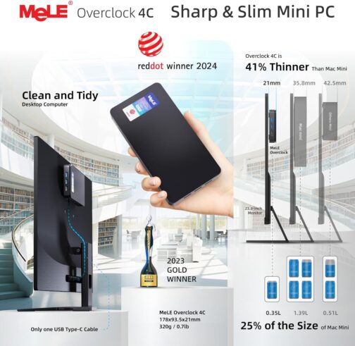 MeLE Mini PC Overclock4C N100 with Windows 11 ProReddot Winner 16GB RAM, 512GB Storage, Mini Desktop Computer, Dual HDMI and 1x Full Function USB-C on Office Education Home