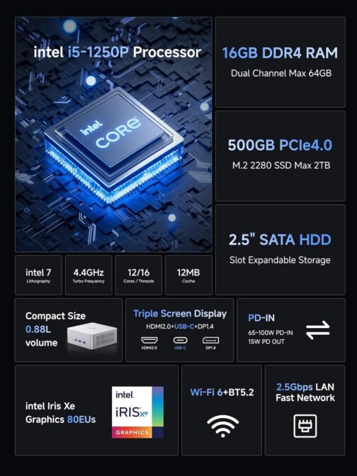 MINISFORUM UN1250 Mini PC Intel Core i5-1250P 12C/16T 16GB DDR4 500GB PCIe4.0 SSD, HDMI2.0/USB Type-C/DisplayPort1.4 Triple Outputs, 2.5G LAN, WiFi 6, 5X USB Port, Mini Desktop Computers Auto Power On