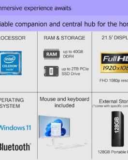 HP All-in-One Desktop| 22″ Full HD Display| Intel Dual-core Processor| 32GB RAM| 2TB PCIe SSD| 128GB External Drive & Microsoft Office Trial| KB&Mouse| HDMI&USB-C| WiFi6| Windows 11 Pro