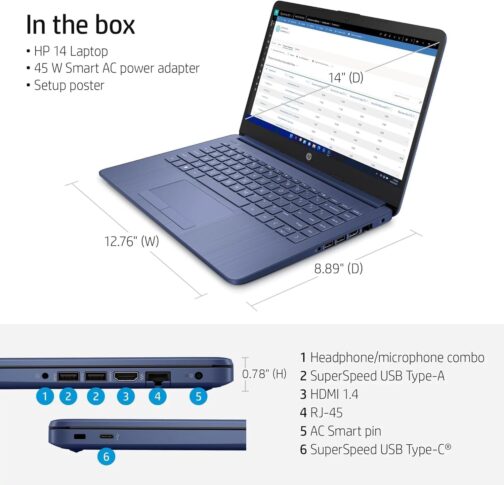 HP New 14″ HD Ultra Light Thin Laptop, Quad-Core Intel Celeron Processor, 8GB RAM, 192GB (64GB eMMC+ 128GB Card), Wi-Fi, Upto 11 Hours, Windows 11 S + 1 Year Office 365+HubxcelAccessory, Royal Blue