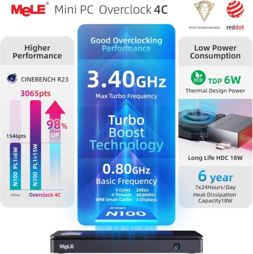 MeLE Mini PC Overclock4C N100 with Windows 11 ProReddot Winner 16GB RAM, 512GB Storage, Mini Desktop Computer, Dual HDMI and 1x Full Function USB-C on Office Education Home