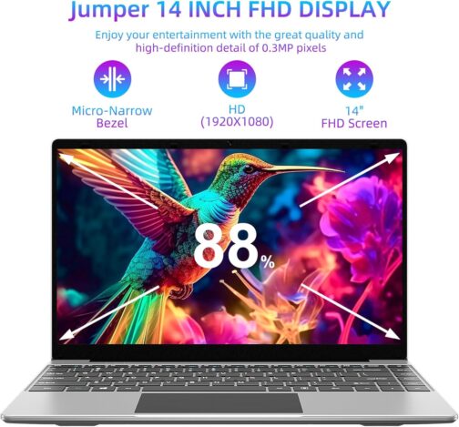 jumper Laptop 14 Inch, 12GB RAM 256GB SSD, Laptop Computer with Celeron N4100 CPU, FHD 1920×1080 Display, 35.52WH Battery, 2.4G+5G WiFi, BT4.0, 2 Speakers, Portable Student Laptops.