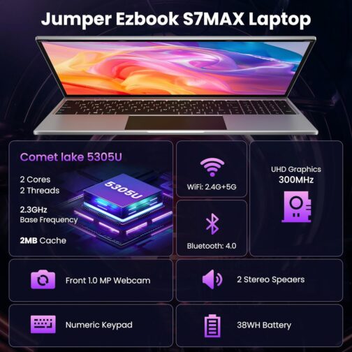 jumper Laptop, 16 Inch FHD IPS 1200p Screen, 5305U Processor, Office 365 1-Year Subscription, 4GB RAM 128GB Storage, Windows 11 Computer with Stereo Speakers, 1TB SSD Slot Expansion, HDMI.