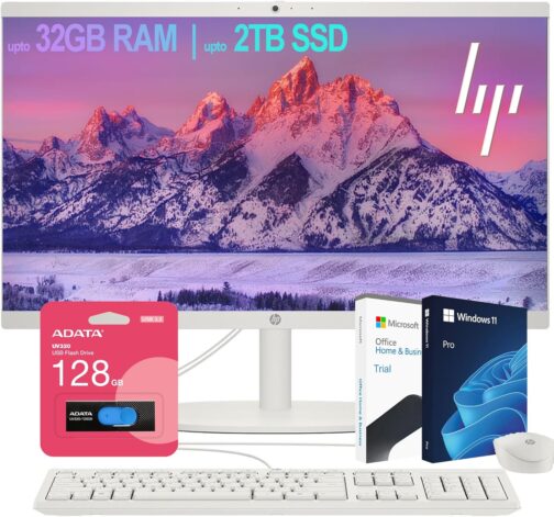 HP All-in-One Desktop| 22" Full HD Display| Intel Dual-core Processor| 32GB RAM| 2TB PCIe SSD| 128GB External Drive & Microsoft Office Trial| KB&Mouse| HDMI&USB-C| WiFi6| Windows 11 Pro