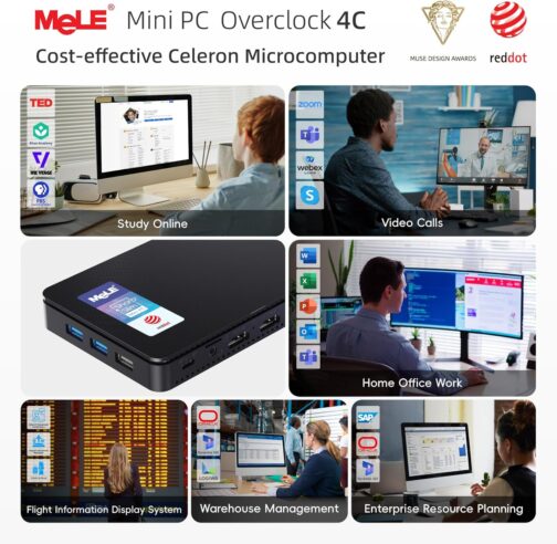 MeLE Mini PC Overclock4C N100 with Windows 11 ProReddot Winner 16GB RAM, 512GB Storage, Mini Desktop Computer, Dual HDMI and 1x Full Function USB-C on Office Education Home