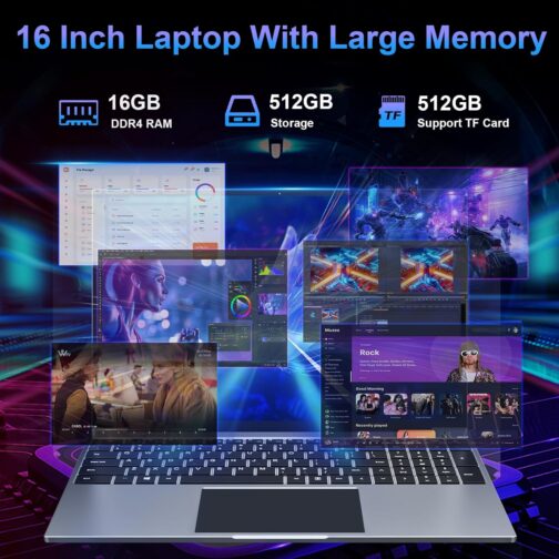 jumper Laptop, 16 inch Laptop Computer, Quad-Core Processor, 512GB SSD 16GB DDR4, 5G/2.4G WiFi, 1920×1200 FHD Display, Long Battery Life, Type C, Traditional Laptops for Business Office Student